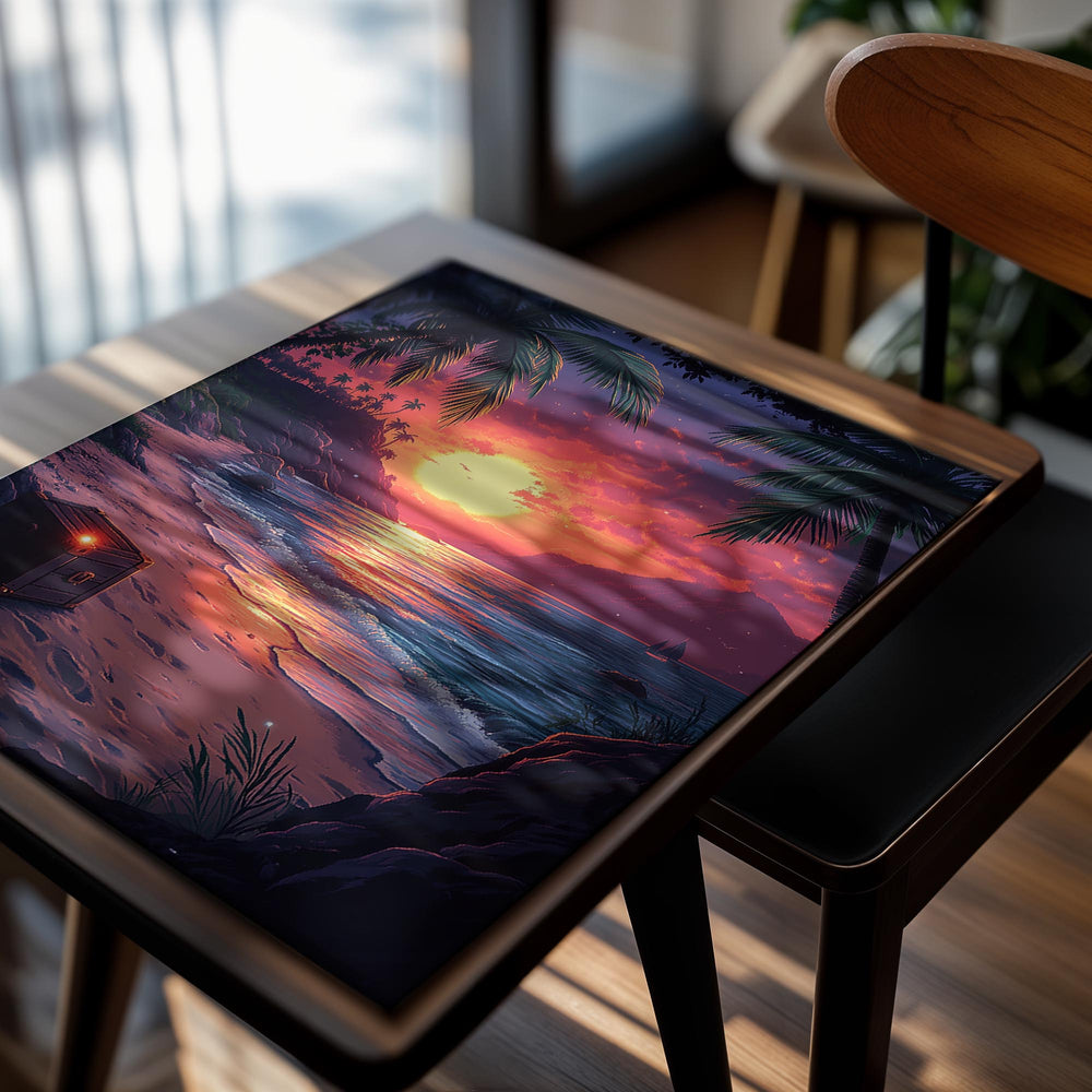 Beach scene with a sunset, palm trees, and a suitcase on the sand, as a premium aluminum metal print from GoMetalPrint.
