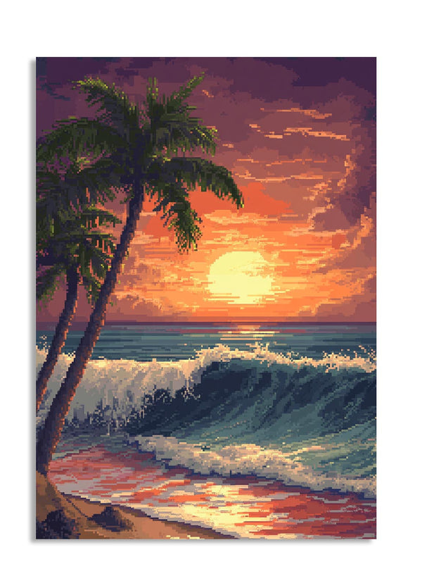 Surreal sunset with palm trees and crashing waves on a beach, as a premium aluminum metal print from GoMetalPrint.
