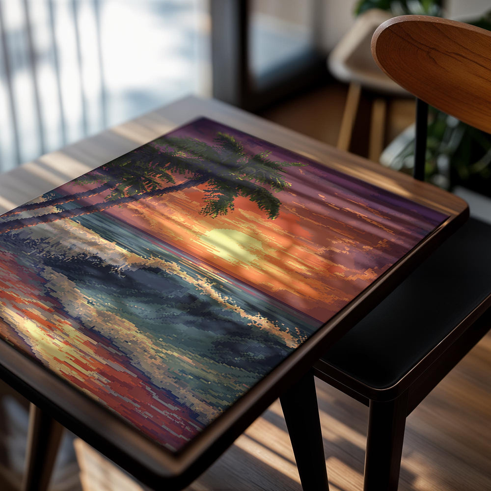 Surreal sunset with palm trees and crashing waves on a beach, as a premium aluminum metal print from GoMetalPrint.
