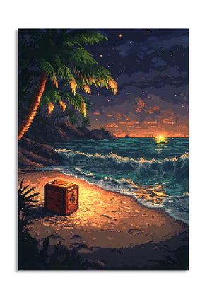 Beach scene with a chest at sunset, palm tree, and ocean waves, as a premium aluminum metal print from GoMetalPrint.
