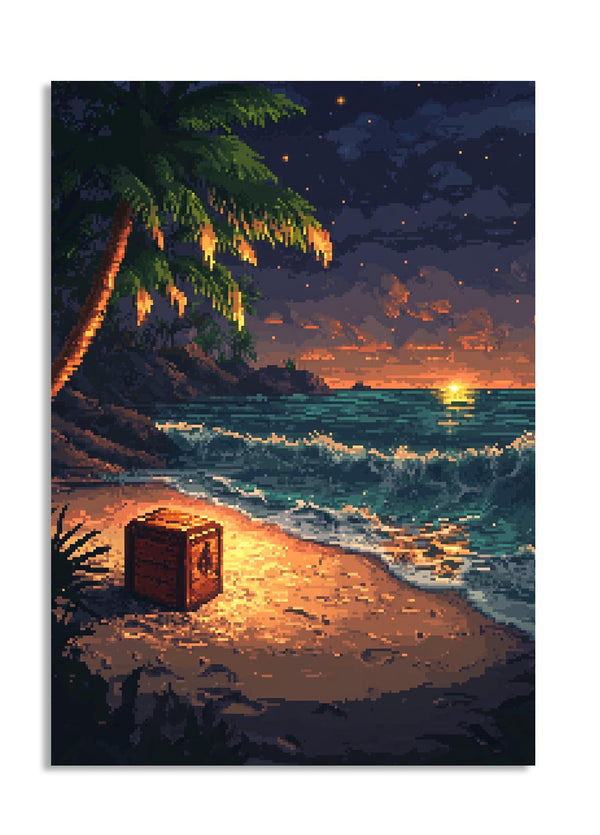 Beach scene with a chest at sunset, palm tree, and ocean waves, as a premium aluminum metal print from GoMetalPrint.
