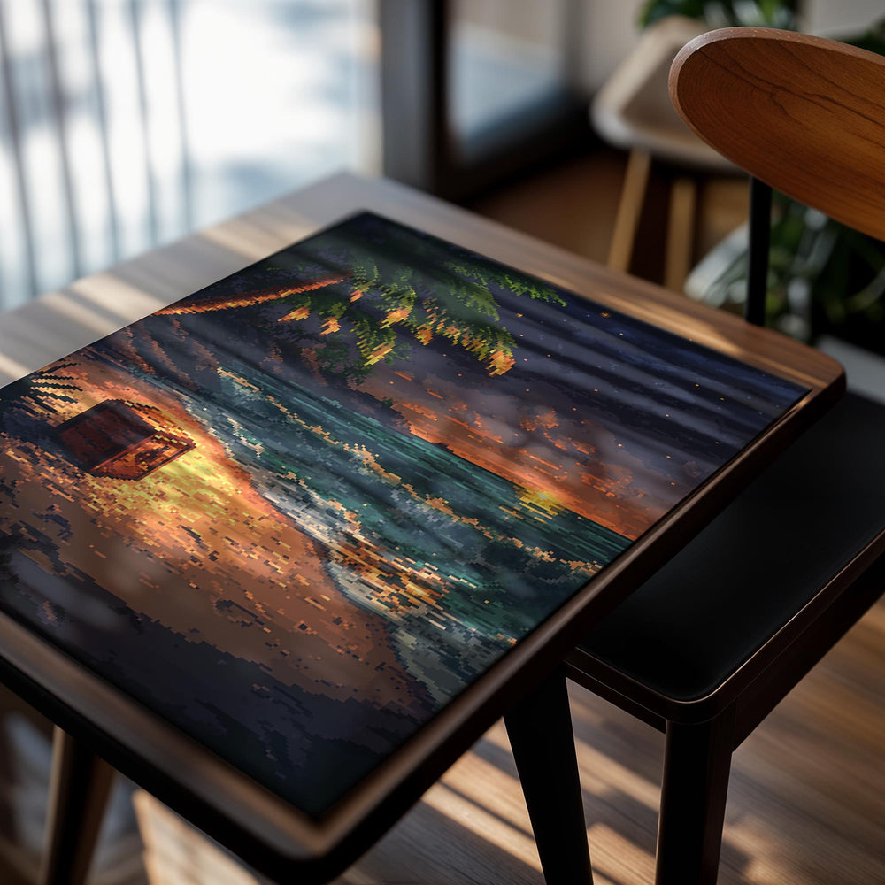 Beach scene with a chest at sunset, palm tree, and ocean waves, as a premium aluminum metal print from GoMetalPrint.
