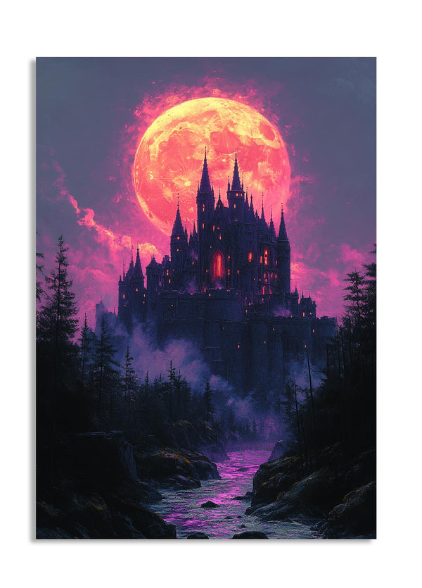 Fantasy castle silhouette with a large pink moon in a dark purple sky, as a premium aluminum metal print from GoMetalPrint.
