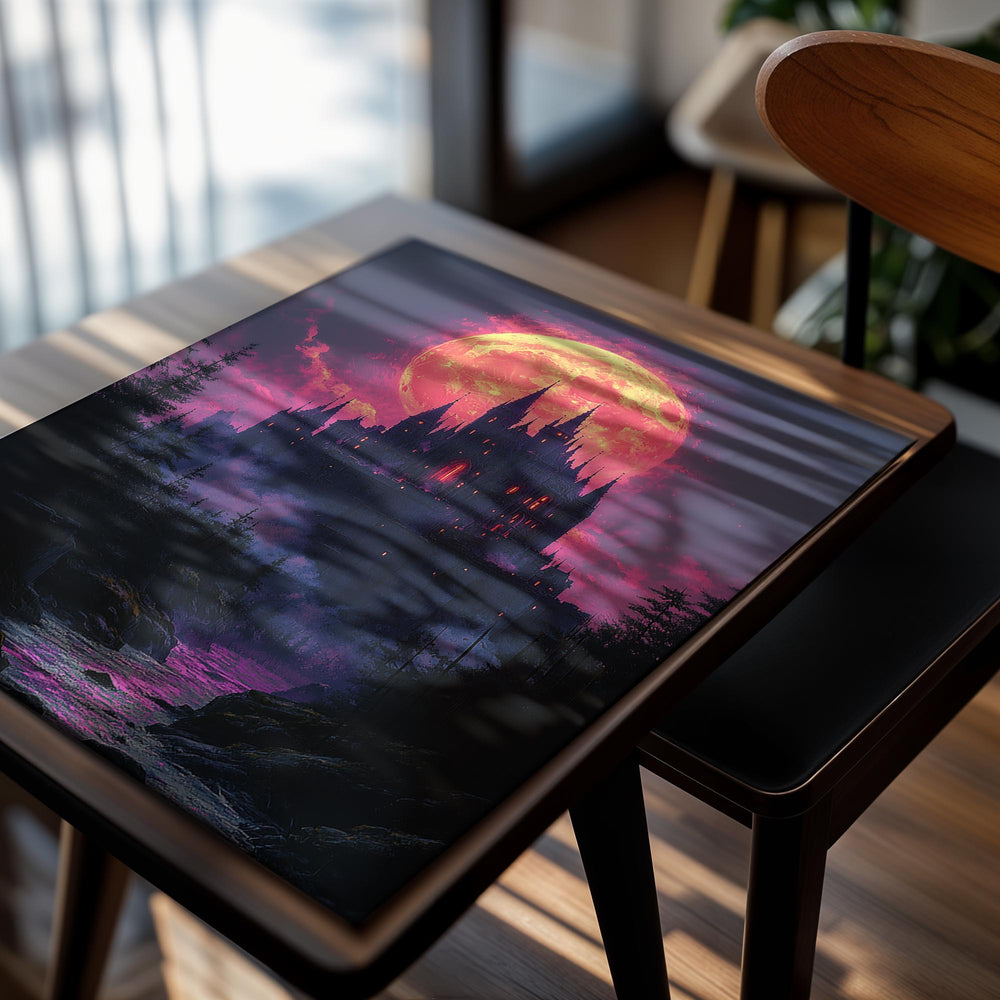 Fantasy castle silhouette with a large pink moon in a dark purple sky, as a premium aluminum metal print from GoMetalPrint.
