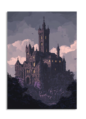 Gothic castle illustration with a purple and pink color scheme, as a premium aluminum metal print from GoMetalPrint.
