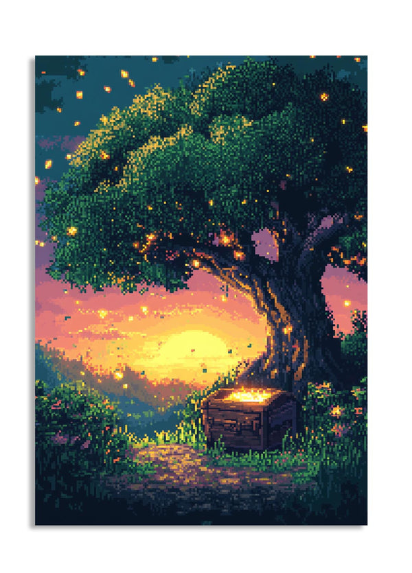 Painting of a glowing tree with a chest underneath at sunset, as a premium aluminum metal print from GoMetalPrint.

