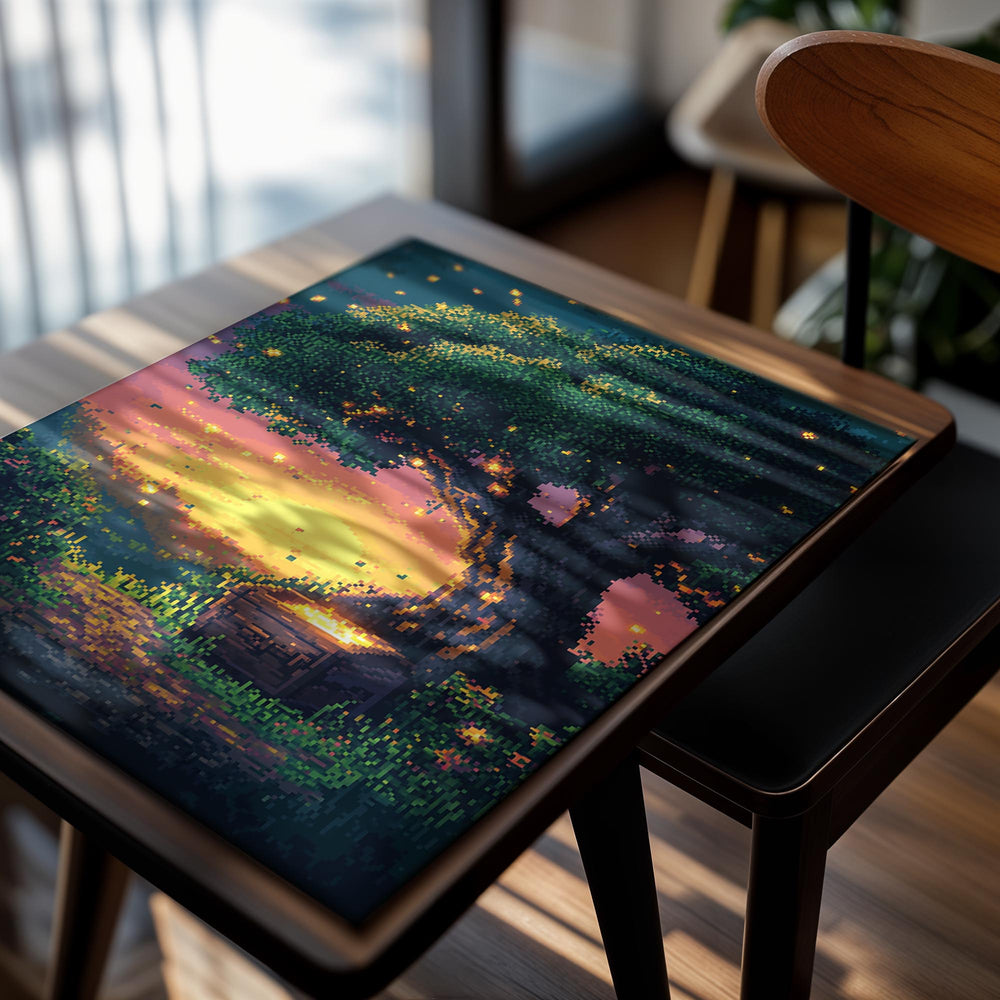 Painting of a glowing tree with a chest underneath at sunset, as a premium aluminum metal print from GoMetalPrint.
