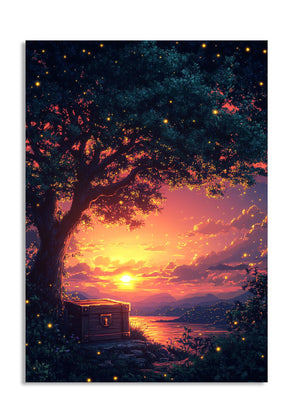 Surreal landscape with a glowing cabin under a starry sky and vibrant sunset, as a premium aluminum metal print from GoMetalPrint.
