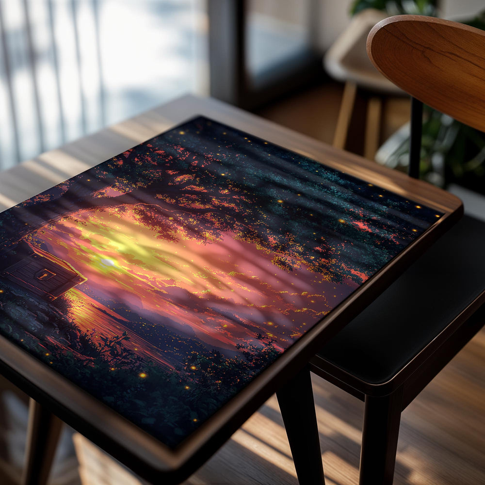 Surreal landscape with a glowing cabin under a starry sky and vibrant sunset, as a premium aluminum metal print from GoMetalPrint.
