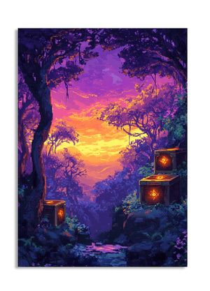 Fantasy forest scene with glowing lanterns and a vibrant purple sky, as a premium aluminum metal print from GoMetalPrint.
