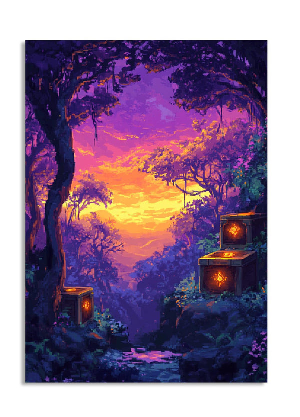 Fantasy forest scene with glowing lanterns and a vibrant purple sky, as a premium aluminum metal print from GoMetalPrint.
