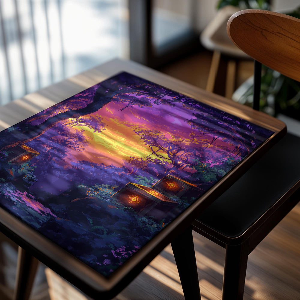 Fantasy forest scene with glowing lanterns and a vibrant purple sky, as a premium aluminum metal print from GoMetalPrint.

