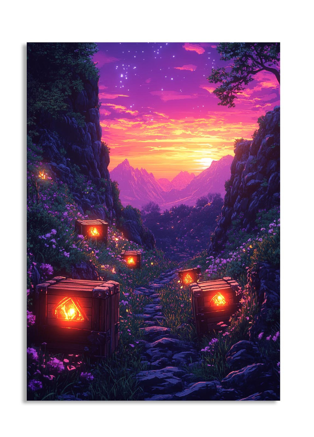 Futuristic cityscape with flying vehicles and neon lights against a starry sky, as a premium aluminum metal print from GoMetalPrint.
