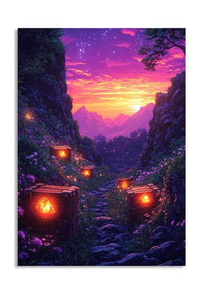 Futuristic cityscape with flying vehicles and neon lights against a starry sky, as a premium aluminum metal print from GoMetalPrint.
