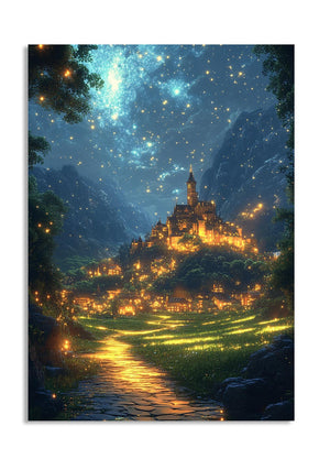 Fantasy castle at night with a starry sky, as a premium aluminum metal print from GoMetalPrint.
