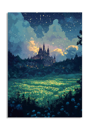 Fantasy castle in a starry night sky with a glowing field below, as a premium aluminum metal print from GoMetalPrint.

