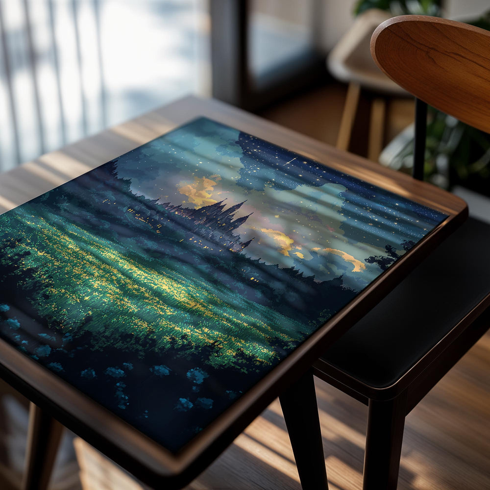 Fantasy castle in a starry night sky with a glowing field below, as a premium aluminum metal print from GoMetalPrint.
