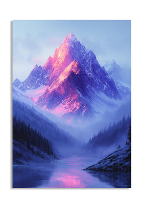 Mountain landscape with a pink glow on a blue background, as a premium aluminum metal print from GoMetalPrint.
