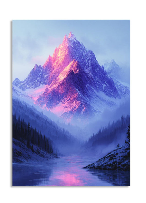Mountain landscape with a pink glow on a blue background, as a premium aluminum metal print from GoMetalPrint.
