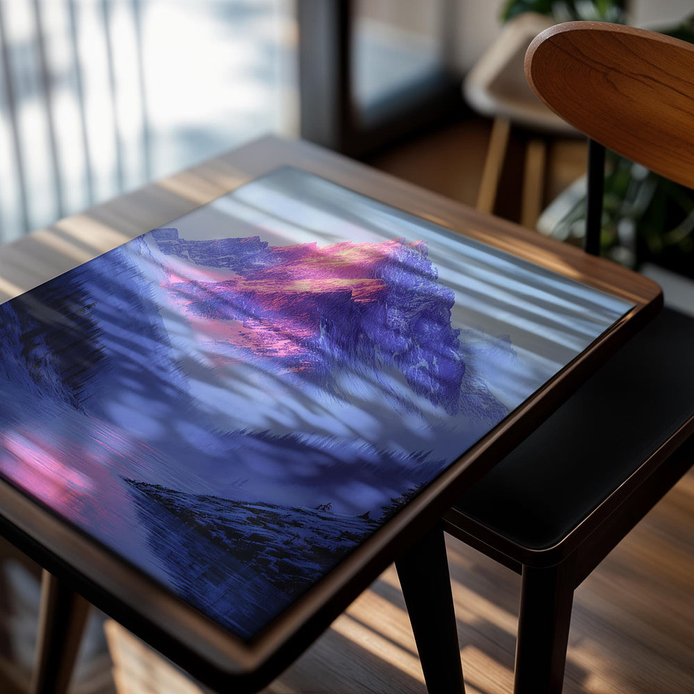 Mountain landscape with a pink glow on a blue background, as a premium aluminum metal print from GoMetalPrint.
