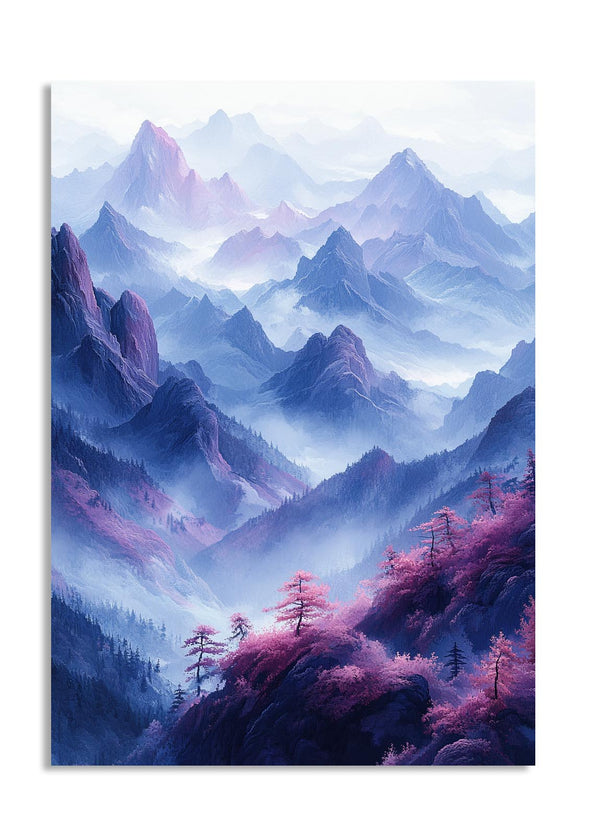Majestic mountain landscape with pink and blue hues, as a premium aluminum metal print from GoMetalPrint.
