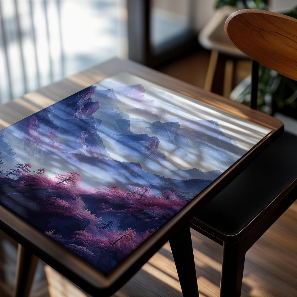 Majestic mountain landscape with pink and blue hues, as a premium aluminum metal print from GoMetalPrint.
