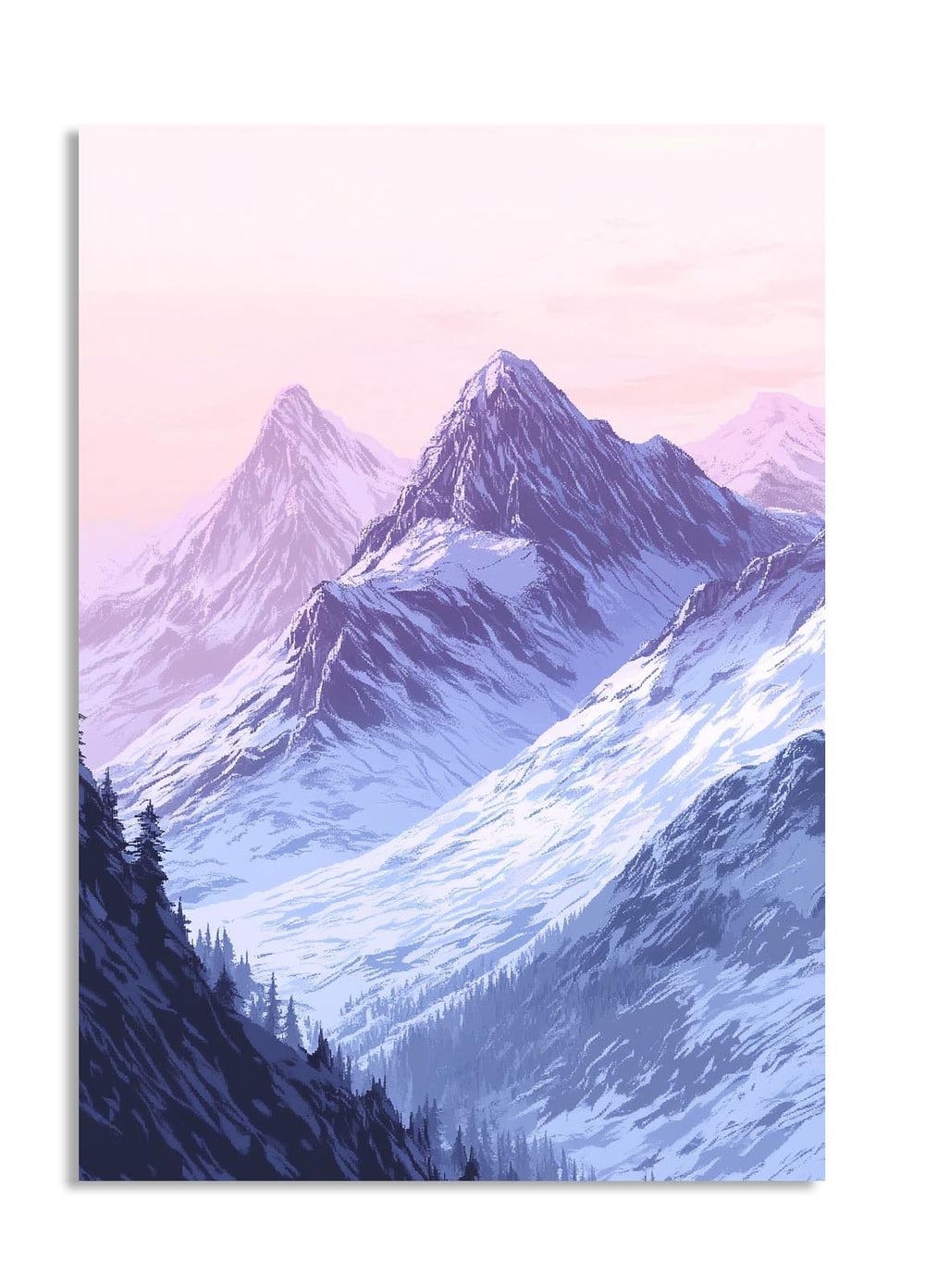 Mountain landscape with snow-capped peaks and a pastel sky, as a premium aluminum metal print from GoMetalPrint.

