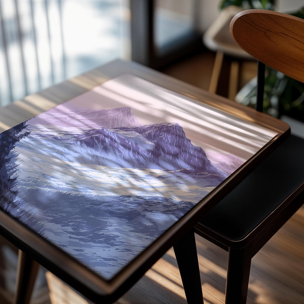 Mountain landscape with snow-capped peaks and a pastel sky, as a premium aluminum metal print from GoMetalPrint.
