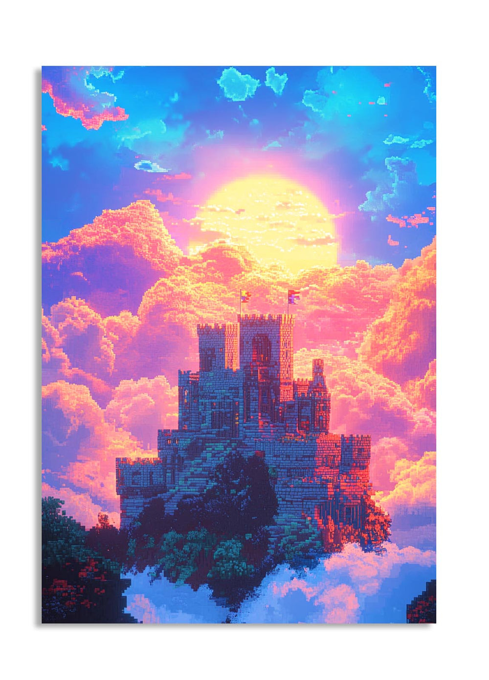 Fantasy castle in the clouds with a vibrant, colorful sky, as a premium aluminum metal print from GoMetalPrint.
