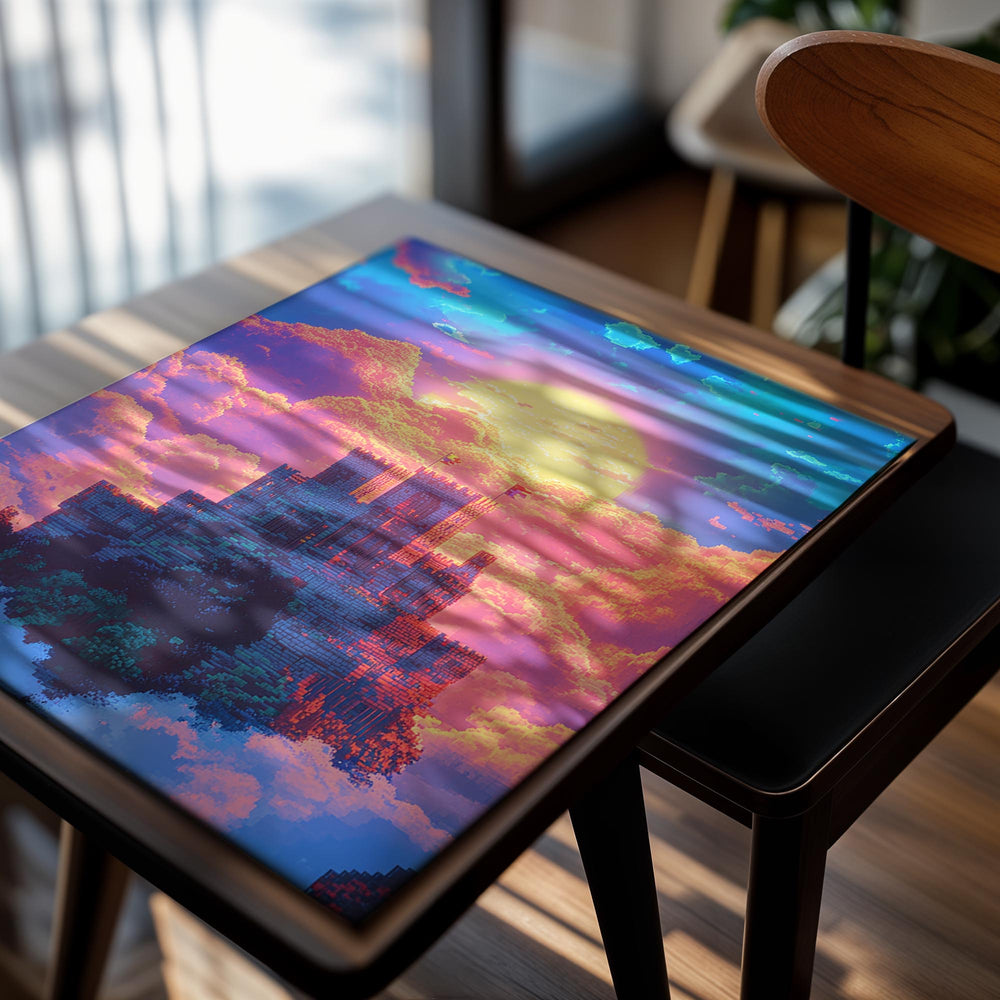 Fantasy castle in the clouds with a vibrant, colorful sky, as a premium aluminum metal print from GoMetalPrint.
