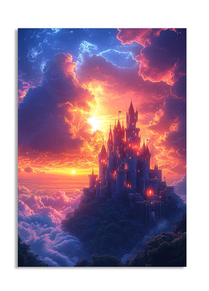 Fantasy castle in the clouds with a vibrant sunset sky, as a premium aluminum metal print from GoMetalPrint.

