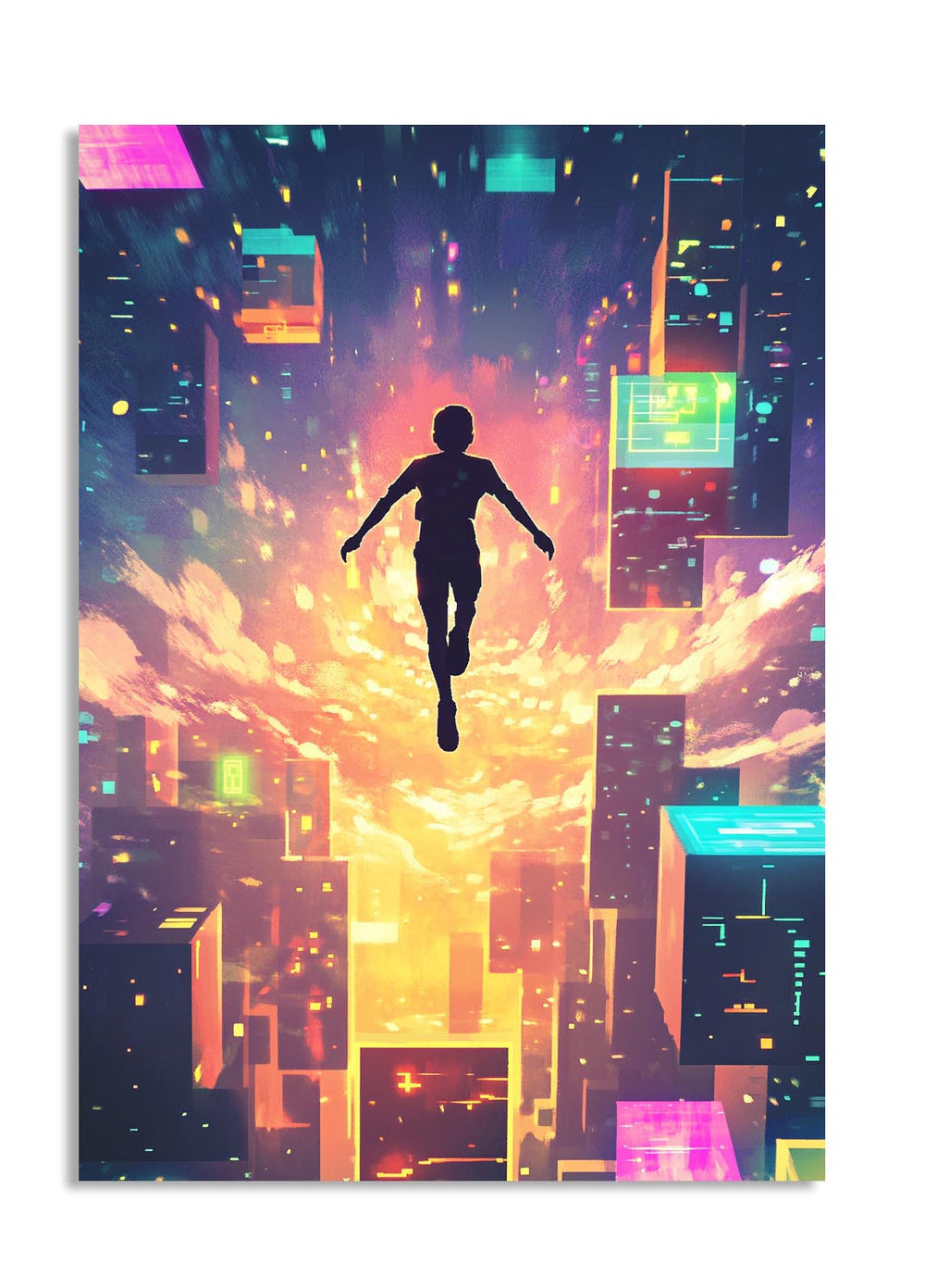 Silhouette of a person jumping against a vibrant, futuristic cityscape with colorful lights, as a premium aluminum metal print from GoMetalPrint.

