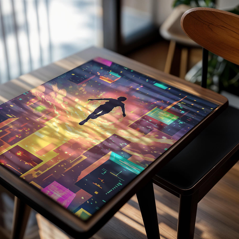 Silhouette of a person jumping against a vibrant, futuristic cityscape with colorful lights, as a premium aluminum metal print from GoMetalPrint.
