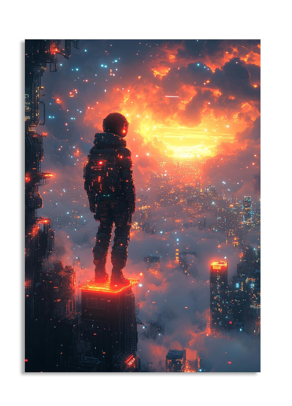 Person in futuristic suit standing on a building with a cityscape and fiery sky in the background, as a premium aluminum metal print from GoMetalPrint.
