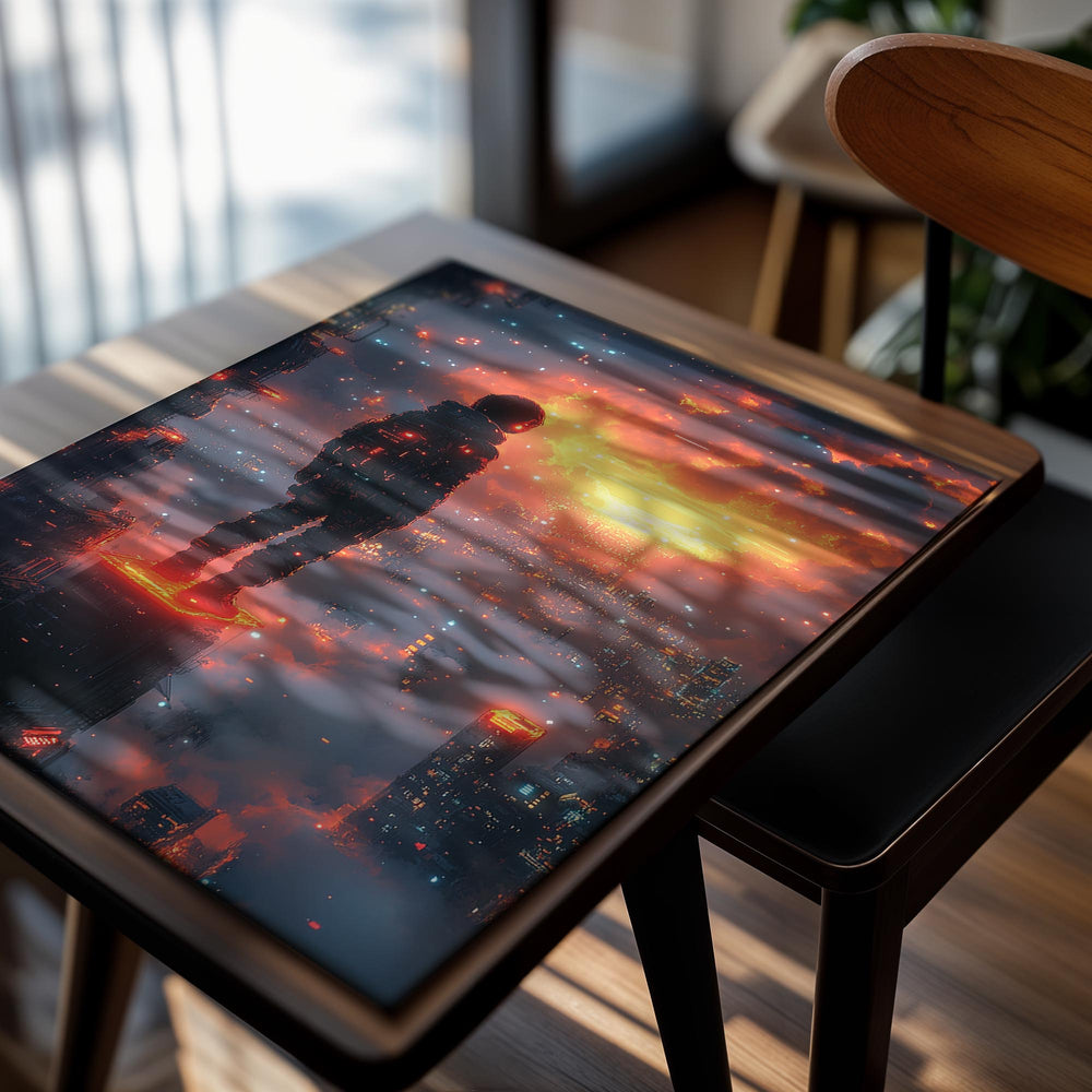 Person in futuristic suit standing on a building with a cityscape and fiery sky in the background, as a premium aluminum metal print from GoMetalPrint.
