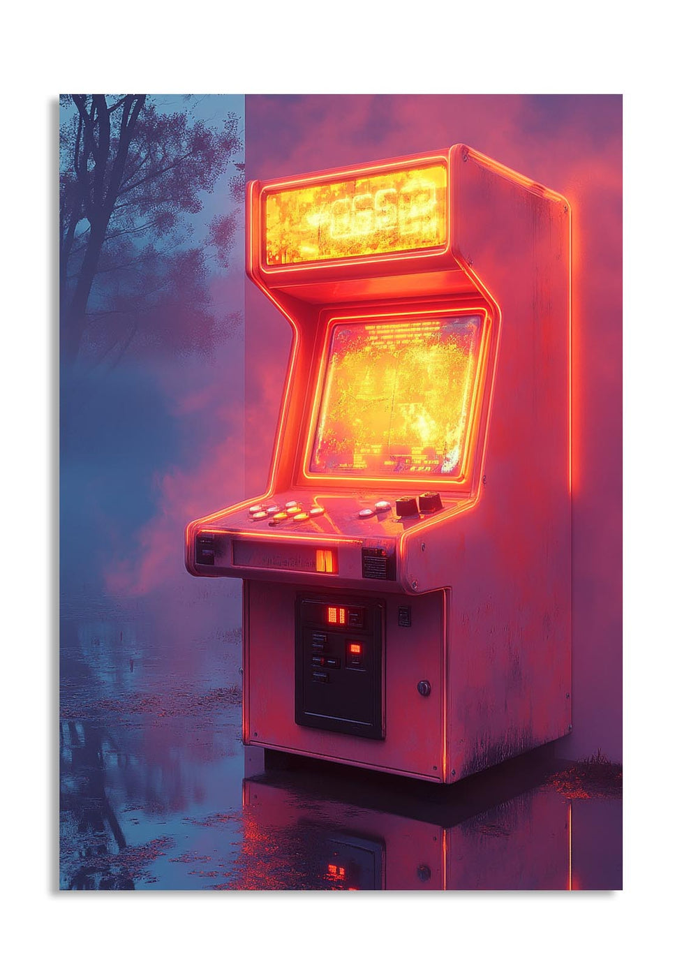 Vintage arcade game machine with glowing red lights against a dark, forested background, as a premium aluminum metal print from GoMetalPrint.
