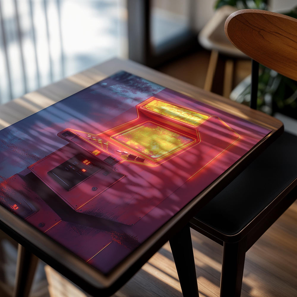 Vintage arcade game machine with glowing red lights against a dark, forested background, as a premium aluminum metal print from GoMetalPrint.
