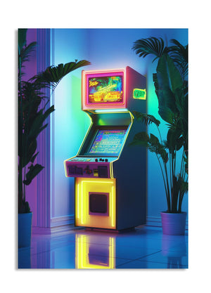 Neon-colored arcade machine in a room with plants, as a premium aluminum metal print from GoMetalPrint.
