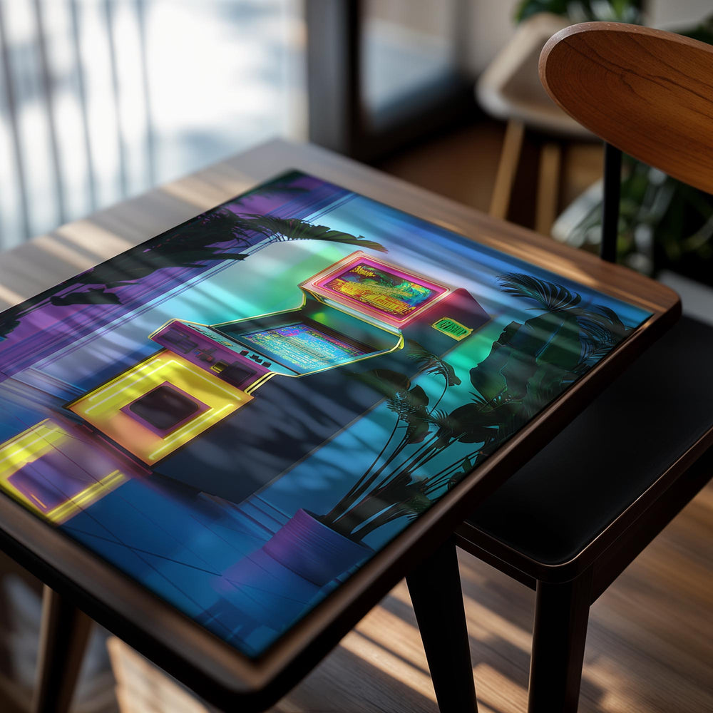 Neon-colored arcade machine in a room with plants, as a premium aluminum metal print from GoMetalPrint.
