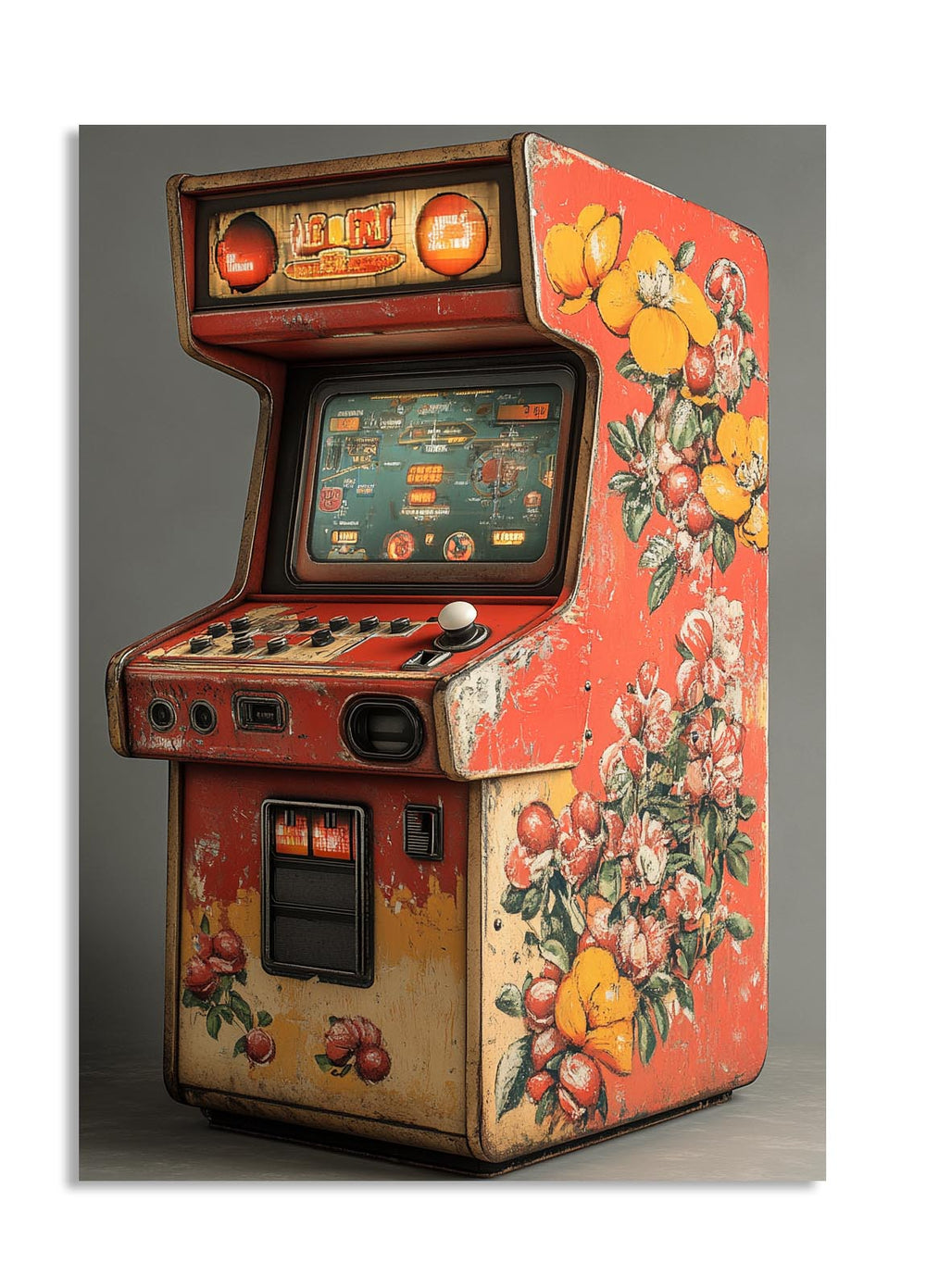 Vintage-style arcade machine with fruit-themed design on a gray background, as a premium aluminum metal print from GoMetalPrint.
