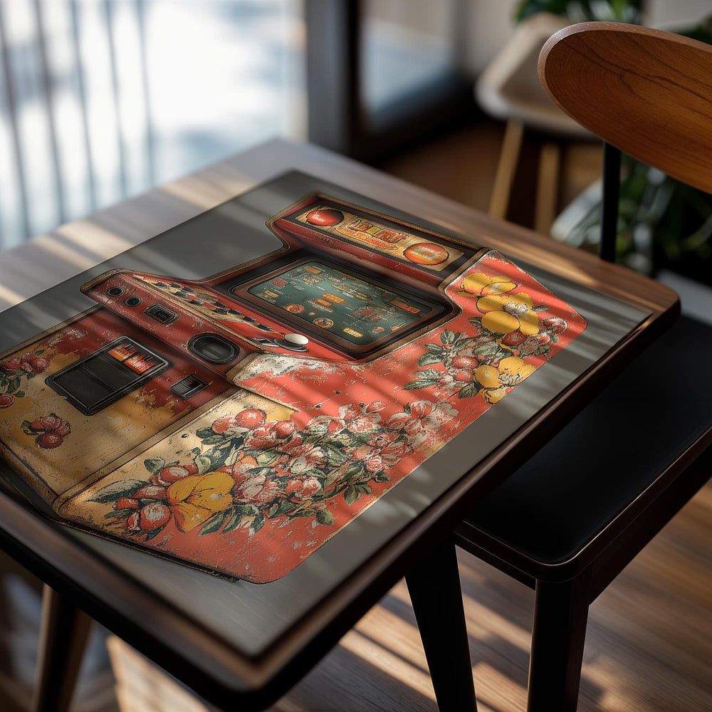 Vintage-style arcade machine with fruit-themed design on a gray background, as a premium aluminum metal print from GoMetalPrint.
