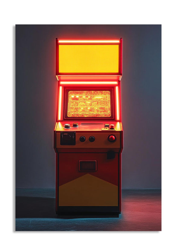 Vintage arcade machine with red and yellow lights on a dark background, as a premium aluminum metal print from GoMetalPrint.

