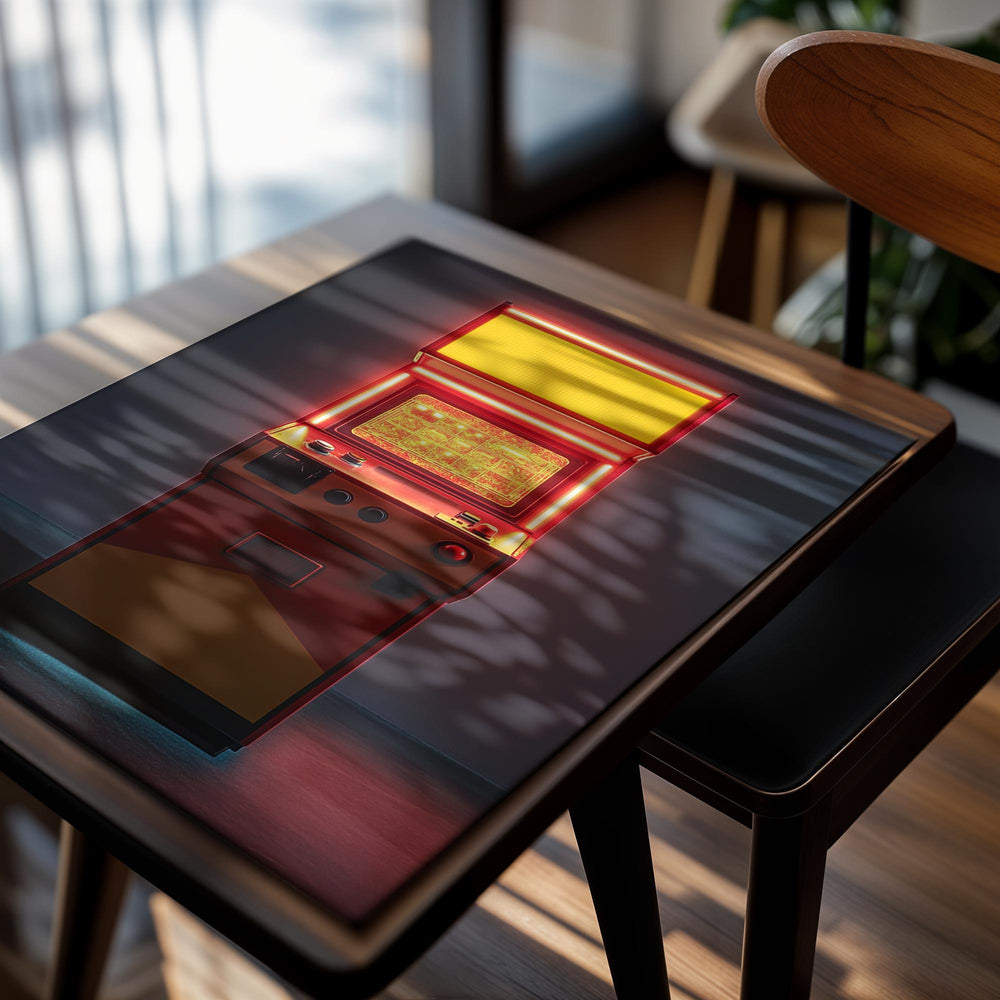 Vintage arcade machine with red and yellow lights on a dark background, as a premium aluminum metal print from GoMetalPrint.
