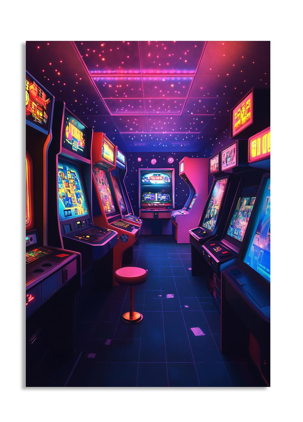 Neon-lit arcade room with vintage video game machines, as a premium aluminum metal print from GoMetalPrint.
