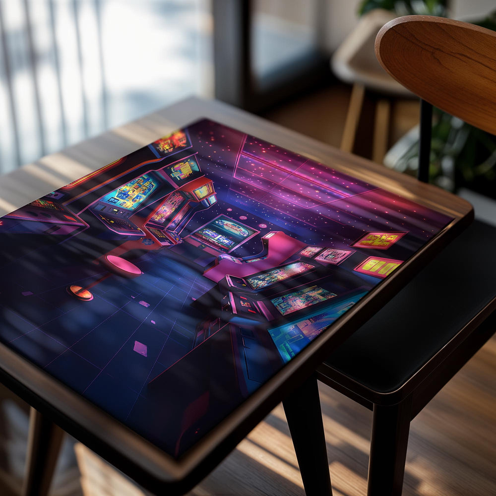 Neon-lit arcade room with vintage video game machines, as a premium aluminum metal print from GoMetalPrint.
