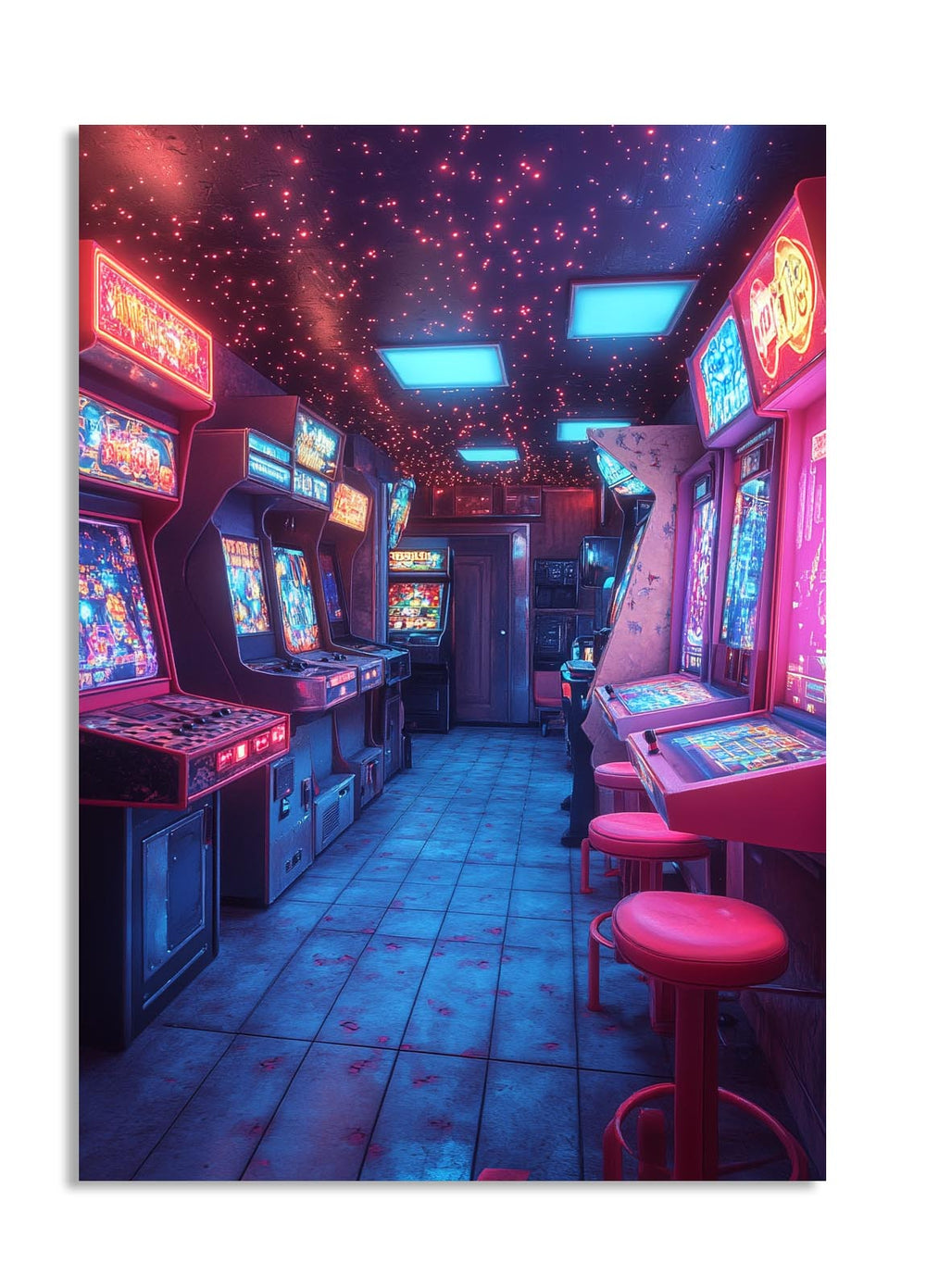 Neon-lit arcade room with vintage video game machines and stools, as a premium aluminum metal print from GoMetalPrint.
