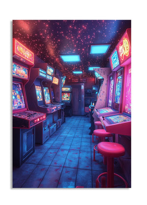 Neon-lit arcade room with vintage video game machines and stools, as a premium aluminum metal print from GoMetalPrint.
