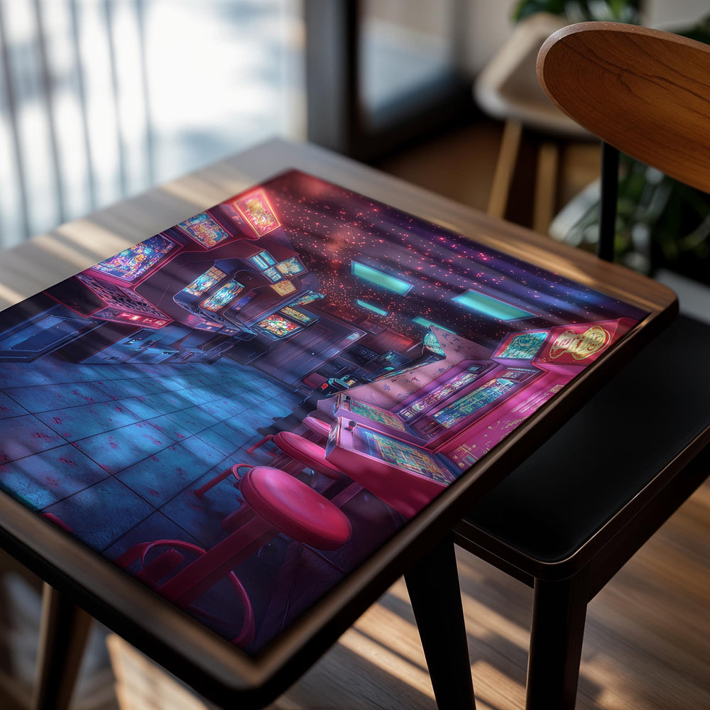 Neon-lit arcade room with vintage video game machines and stools, as a premium aluminum metal print from GoMetalPrint.

