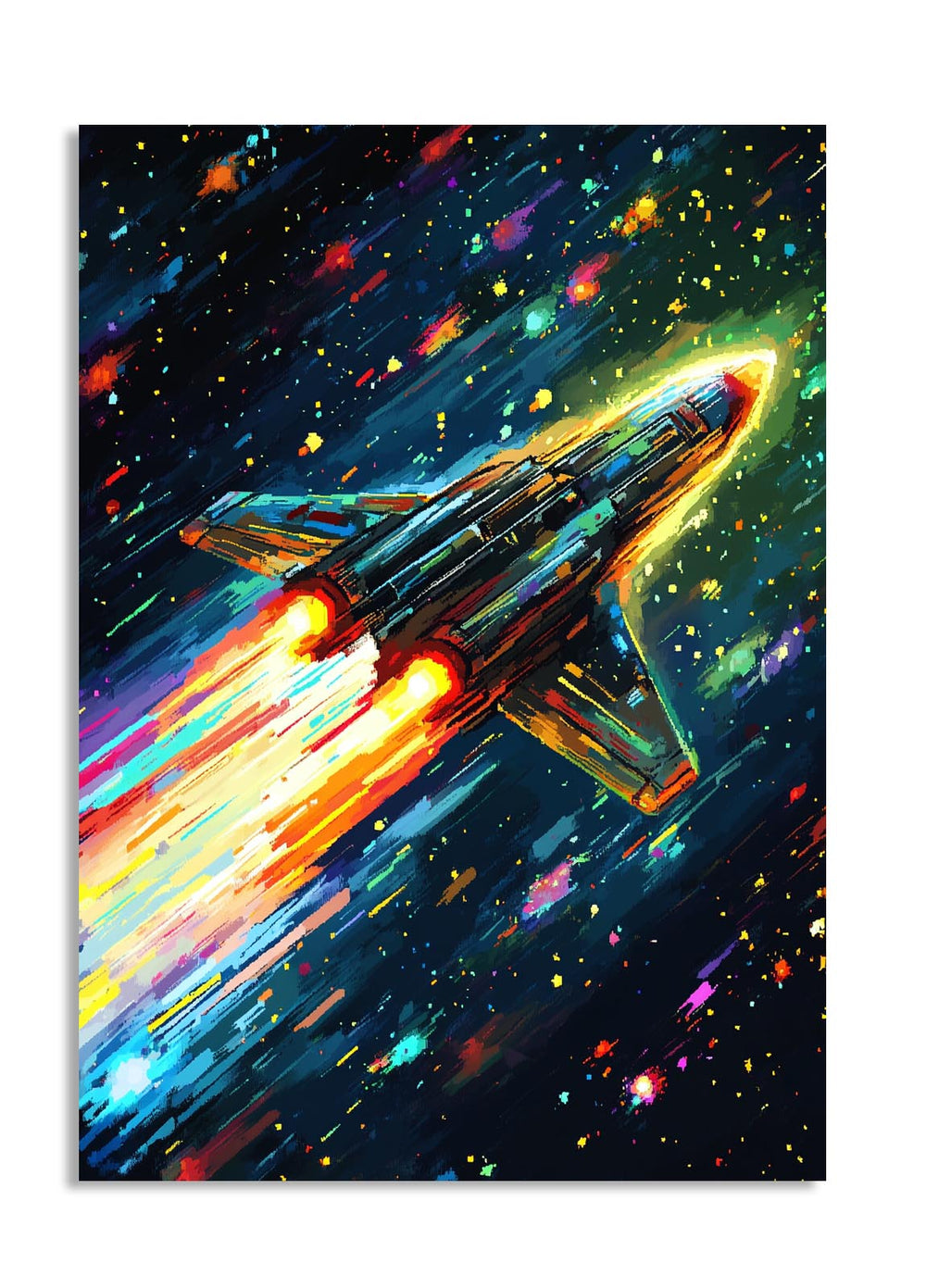 Colorful painting of a spaceship in space with stars and nebulae, as a premium aluminum metal print from GoMetalPrint.

