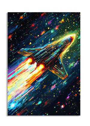 Colorful painting of a spaceship in space with stars and nebulae, as a premium aluminum metal print from GoMetalPrint.
